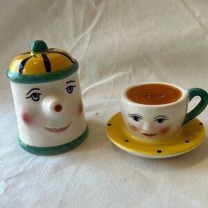 Vintage Clay Art Anthropomorphic Coffee Pot and Cup Salt and Pepper Shakers